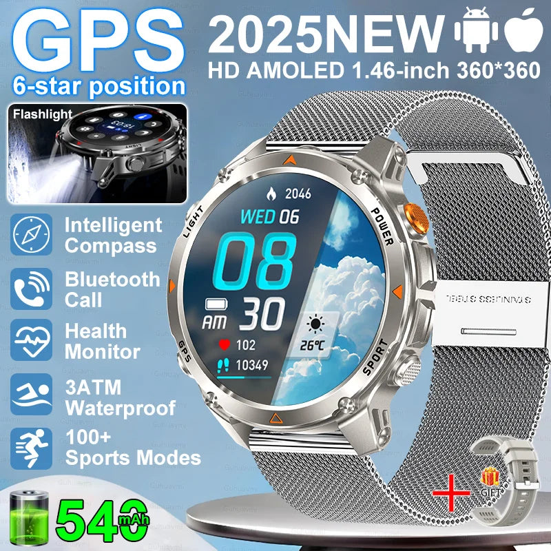 “2025 GPS Smartwatch 1.46” – Fitness, Compass, BT Call & Waterproof”